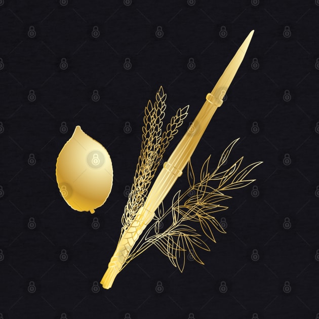 Happy Sukkot Lulav and Etrog Sukkah Leaves Jewish Holiday Gold Vintage Collection Shanah Tova by sofiartmedia